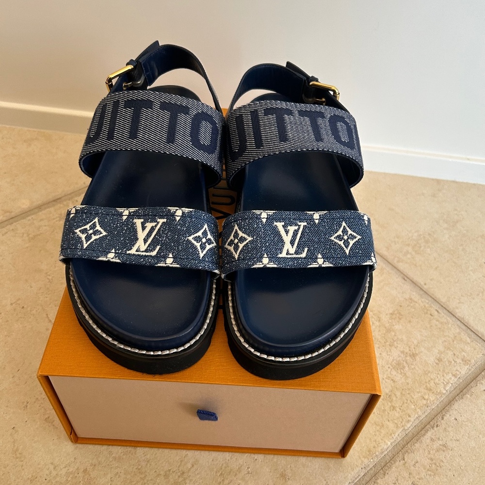 Louis Vuitton Monogram Denim Paseo Flat Comfort Sandals 40 Navy Blue